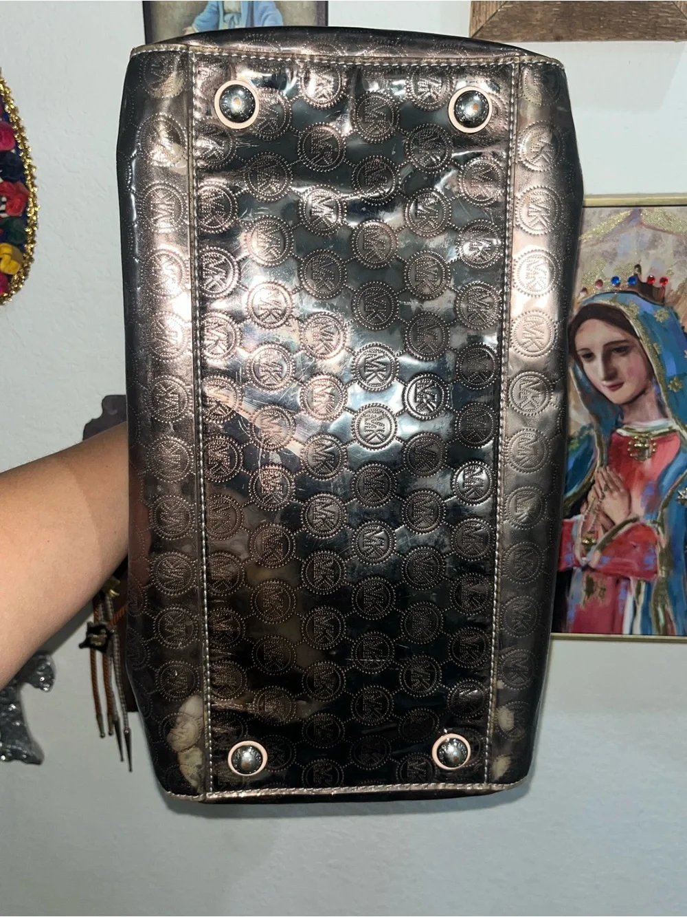 Michael Kors Black Logo-Embossed Satchel with Pale Pink Handles